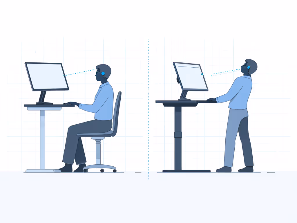 ergonomic monitor height comparison showing proper eye level alignment for sitting vs standing
