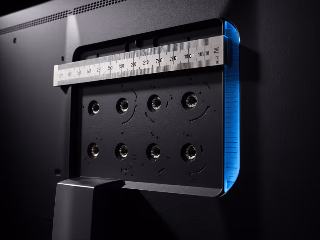 close-up of VESA screw holes with ruler
