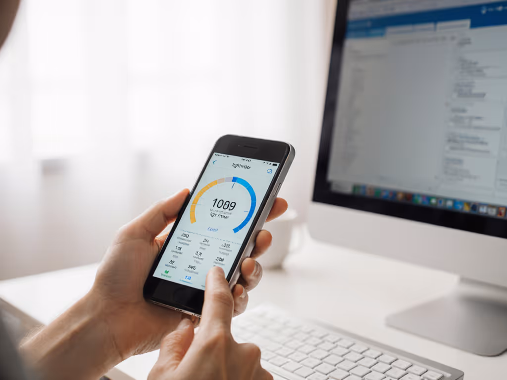 person_verifying_monitor_setup_with_smartphone_light_meter