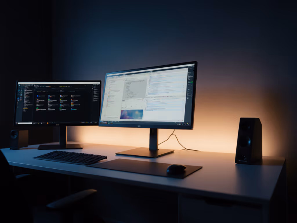 ergonomic monitor setup with bias lighting behind display